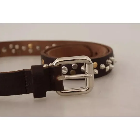 Dolce & Gabbana Brown Leather Studded Silver Metal Buckle Belt PD - Picture 3 of 7